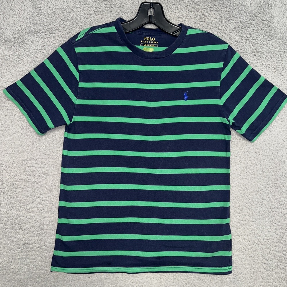 Polo Ralph Lauren T Shirt Youth Sz Large Blue Green‎ Striped Blue Pony Tee